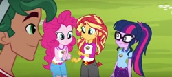 Size: 1250x562 | Tagged: safe, edit, edited screencap, editor:usookay, screencap, pinkie pie, sci-twi, sunset shimmer, timber spruce, twilight sparkle, equestria girls, legend of everfree, belt, blushing, bracelet, camp everfree outfits, cute, glasses, heart, implied lesbian, implied scitwishimmer, implied shipping, jewelry, ponytail, smiling, sun, twiabetes