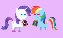 Size: 646x395 | Tagged: safe, artist:agrol, derpibooru import, rainbow dash, rarity, pegasus, pony, unicorn, the end in friend, :t, angry, animated, book, daring do and the razor of dreams, duo, female, looking at each other, pointy ponies, scrunch battle, scrunchy face, shadow spade, simple background, the colt in crimson, vibrating