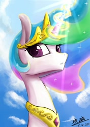 Size: 1024x1444 | Tagged: safe, artist:17lu-li, princess celestia, alicorn, pony, crepuscular rays, magic, solo, sun