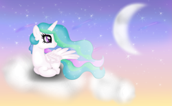 Size: 2207x1360 | Tagged: safe, artist:dianlie, princess celestia, alicorn, pony, cloud, moon, prone, solo, stars