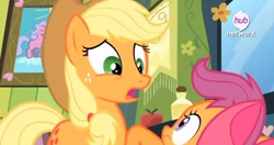 Size: 704x371 | Tagged: safe, screencap, applejack, scootaloo, earth pony, pony, somepony to watch over me, bow, hub logo