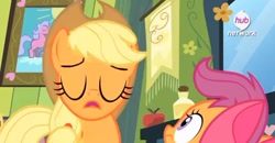 Size: 710x369 | Tagged: safe, screencap, applejack, scootaloo, earth pony, pony, somepony to watch over me, hub logo