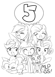 Size: 1000x1400 | Tagged: safe, artist:30clock, derpibooru import, applejack, fluttershy, pinkie pie, rainbow dash, rarity, spike, twilight sparkle, twilight sparkle (alicorn), alicorn, dragon, earth pony, pegasus, pony, unicorn, female, mane seven, mane six, mare, monochrome