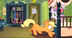 Size: 703x375 | Tagged: safe, screencap, applejack, sweetie belle, earth pony, pony, somepony to watch over me, hub logo