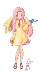 Size: 1233x2151 | Tagged: safe, artist:angriestangryartist, edit, angel bunny, fluttershy, bird, human, anime, blushing, clothes, dress, humanized, sandals, winged humanization