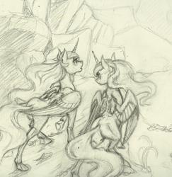 Size: 1132x1167 | Tagged: safe, artist:skybounddeos, princess celestia, princess luna, alicorn, pony, monochrome, sketch, traditional art