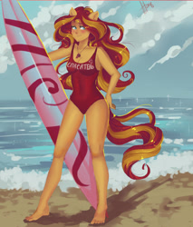 Size: 2900x3400 | Tagged: safe, artist:xjenn9, sunset shimmer, equestria girls, barefoot, blushing, clothes, cyrillic, digital art, ear fluff, feet, female, lidded eyes, lifeguard, looking at you, one-piece swimsuit, ponied up, raised eyebrow, russian, smiling, solo, surfboard, swimsuit, whistle