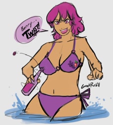 Size: 683x753 | Tagged: safe, artist:moronsonofboron, berry punch, berryshine, human, belly button, bikini, bottle, bottlecap, clothes, female, humanized, purple swimsuit, side-tie bikini, solo, swimsuit