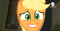 Size: 703x372 | Tagged: safe, edit, screencap, applejack, earth pony, pony, somepony to watch over me, faic, hub logo, inverted mouth, solo