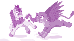 Size: 2835x1548 | Tagged: safe, artist:dstears, autumn blaze, gabby, griffon, kirin, sounds of silence, awwtumn blaze, cloven hooves, cute, duo, duo female, excited, eye contact, female, gabbybetes, happy, it begins, jumping, kirinbetes, leaping, leg fluff, looking at each other, looking back, monochrome, open mouth, puddle, raised hoof, raised leg, running, simple background, smiling, splashing, spread wings, unshorn fetlocks, white background, wings