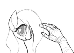 Size: 500x361 | Tagged: safe, artist:mlpanon, fluttershy, pegasus, pony, animated, blinking, blushing, cute, daaaaaaaaaaaw, eyes closed, female, floppy ears, hand, hnnng, looking at you, mare, monochrome, open mouth, petting, shyabetes, simple background, smiling, white background, wink