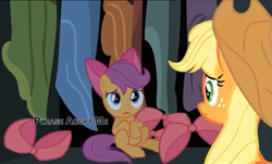 Size: 929x562 | Tagged: safe, screencap, applejack, scootaloo, earth pony, pony, somepony to watch over me, begging, image macro, meme