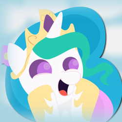 Size: 1200x1200 | Tagged: safe, artist:doodlesbychangelings, princess celestia, alicorn, pony, bust, crown, cute, female, flower in hair, hooves on cheeks, horn, jewelry, mare, minimalist, multicolored mane, open mouth, regalia, simple background, smiling, solo, white background