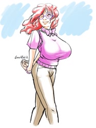 Size: 900x1200 | Tagged: safe, artist:moronsonofboron, twist, human, big breasts, breasts, busty twist, female, huge breasts, humanized, one eye closed, solo, sweater vest