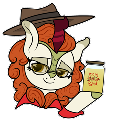 Size: 1458x1620 | Tagged: safe, artist:moonatik, autumn blaze, kirin, sounds of silence, bust, clothes, glasses, hat, hoof hold, horn, jar, jarate, kirin beer, kirin beer is pee, lidded eyes, looking at you, pee in container, shirt, simple background, smiling, smirk, smug, sniper, solo, team fortress 2, transparent background, urine