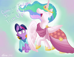 Size: 3850x2975 | Tagged: safe, artist:artisticwerks, princess celestia, twilight sparkle, twilight sparkle (alicorn), alicorn, pony, make new friends but keep discord, clothes, dress, eyes closed, female, mare, scene interpretation, wing shove, wingpush