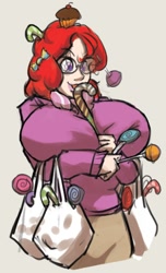 Size: 440x726 | Tagged: safe, artist:moronsonofboron, twist, human, big breasts, breasts, busty twist, candy, candy cane, cupcake, female, huge breasts, humanized, lollipop, solo