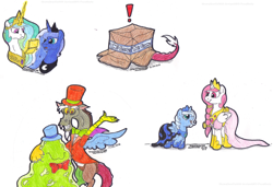Size: 1024x700 | Tagged: safe, artist:artistnjc, discord, princess celestia, princess luna, smooze, alicorn, draconequus, pony, angry, box, clothes, dress, exclamation point, filly, hiding, looking at each other, looking at you, magic, nintendo ds, pink-mane celestia, simple background, smiling, telekinesis, traditional art, woona