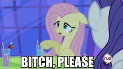 Size: 960x540 | Tagged: safe, edit, edited screencap, screencap, fluttershy, rarity, pegasus, pony, unicorn, a canterlot wedding, bitch please, drink, duo, floppy ears, hub logo, image macro, meme, vulgar