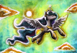 Size: 1280x893 | Tagged: safe, artist:nightrosi, princess celestia, alicorn, pony, eyes closed, flying, solo, sunrise, traditional art