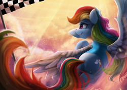 Size: 3600x2550 | Tagged: safe, artist:vanillaghosties, derpibooru import, rainbow dash, pegasus, pony, atg 2018, clothes, female, finish line, flying, high res, mare, newbie artist training grounds, plot, solo, uniform, wonderbolt trainee uniform, wonderbolts uniform