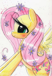Size: 800x1170 | Tagged: safe, artist:prettypinkpony, fluttershy, pegasus, pony, blushing, cute, eyelashes, flower, flower in hair, profile, smiling, solo, spread wings, traditional art, watercolor painting