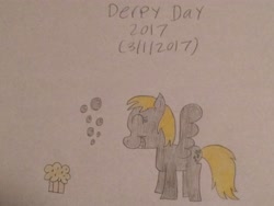 Size: 3264x2448 | Tagged: safe, artist:smurfettyblue, derpy hooves, pegasus, pony, cutie mark, derpy day, derpy day 2017, equestria daily, female, food, mare, muffin, smiling, solo, spread wings, traditional art