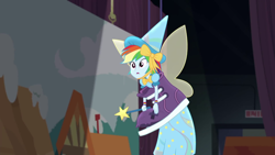 Size: 1280x720 | Tagged: safe, derpibooru import, screencap, rainbow dash, better together, equestria girls, opening night, opening night: applejack, clothes, costume, cute, dashabetes, fairy bootmother, solo