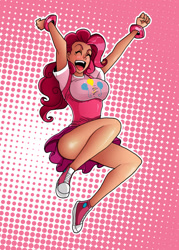 Size: 1500x2094 | Tagged: safe, artist:darkereve, artist:mesiasart, pinkie pie, human, bracelet, breasts, converse, female, humanized, jumping, pinkie pies, sneakers, solo, strategically covered, underbust