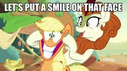 Size: 1200x675 | Tagged: safe, derpibooru import, edit, edited screencap, screencap, applejack, autumn blaze, earth pony, kirin, pony, sounds of silence, caption, discovery family logo, duo, faic, image macro, meme, text