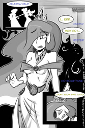 Size: 800x1200 | Tagged: safe, artist:tigerdehavilland, princess celestia, princess luna, human, clothes, comic, dress, evil twin, eyes closed, grayscale, gritted teeth, hair over one eye, humanized, monochrome, open mouth, shadow, tumblr comic, wide eyes