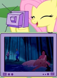 Size: 747x1024 | Tagged: safe, fluttershy, human, pony, 17th century, clothes, death, exploitable meme, female, gun, happy, karma, kocoum, male, mare, meme, obligatory pony, pocahontas, this will lead to trouble, tv meme, uh oh, weapon