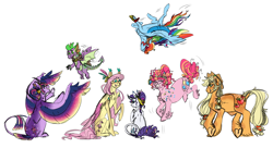 Size: 2660x1450 | Tagged: safe, artist:eqq_scremble, derpibooru import, applejack, fluttershy, pinkie pie, rainbow dash, rarity, spike, twilight sparkle, twilight sparkle (alicorn), alicorn, dragon, earth pony, pegasus, pony, unicorn, alternate design, alternate hairstyle, braid, cloak, clothes, ear piercing, earring, elements of harmony, feather, female, flying, hair bun, headband, headpiece, jewelry, jumping, male, mane seven, mane six, mistmane's flower, piercing, somnambula's blindfold, turned away, upside down