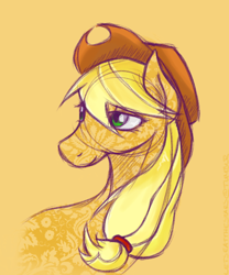 Size: 500x600 | Tagged: safe, artist:pakuromi, applejack, earth pony, pony, bust, looking back, simple background, solo