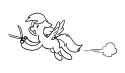 Size: 713x416 | Tagged: safe, artist:zicygomar, part of a set, derpy hooves, pegasus, pony, black and white, flying, grayscale, monochrome, running with scissors, scissors, simple background, solo, this will end in tears, this will end in tears and/or death, white background