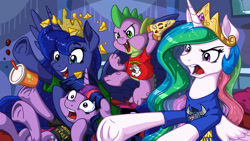 Size: 2400x1350 | Tagged: safe, artist:latecustomer, bulk biceps, iron will, princess celestia, princess luna, spike, twilight sparkle, twilight sparkle (alicorn), alicorn, dragon, pony, bulkamania, chokehold, choking, clothes, cute, female, frog (hoof), hat, mare, nacho hat, nachos, nose wrinkle, pizza, shirt, t-shirt, underhoof, wallpaper