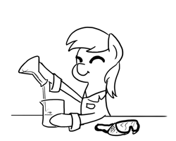 Size: 597x479 | Tagged: safe, artist:zicygomar, part of a set, derpy hooves, pegasus, pony, beaker, black and white, chemistry, erlenmeyer flask, eyes closed, flask, goggles, grayscale, monochrome, science, simple background, smiling, solo, this will end in tears, this will end in tears and/or death, white background