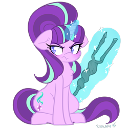 Size: 1280x1280 | Tagged: safe, artist:purrling, starlight glimmer, pony, unicorn, the cutie map, chest fluff, ear fluff, female, floppy ears, magic, mare, s5 starlight, simple background, sitting, solo, staff, staff of sameness, telekinesis, transparent background