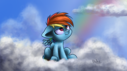 Size: 1024x576 | Tagged: safe, artist:bakud, derpibooru import, rainbow dash, pegasus, pony, angry, cloud, cute, female, filly, filly rainbow dash, grumpy, looking away, looking up, on a cloud, rainbow, signature, sitting, solo, younger