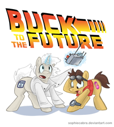 Size: 810x900 | Tagged: safe, artist:spainfischer, earth pony, pony, unicorn, back to the future, doc brown, duo, goggles, male, marty mcfly, ponified, simple background, stallion, transparent background