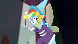 Size: 1280x720 | Tagged: safe, derpibooru import, screencap, rainbow dash, better together, equestria girls, opening night, opening night: twilight sparkle, clothes, costume, fairy bootmother, fairy wings, female, hat, rainbow dash always dresses in style, smiling, solo, wand