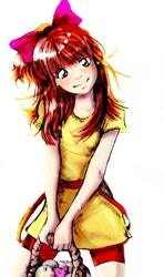 Size: 414x700 | Tagged: safe, artist:yanabau, apple bloom, human, 2010s, 2012, apple, basket, beautiful, bow, clothes, compression shorts, dress, female, food, freckles, head tilt, humanized, plaster, red hair, shorts, simple background, smiling, solo, tomboy, white background