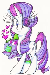 Size: 1024x1521 | Tagged: safe, artist:colorharmonypeeps, rarity, spike, dragon, pony, unicorn, colored sketch, female, floating, heart, male, shipping, sparity, straight, traditional art