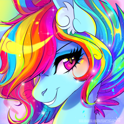 Size: 2449x2449 | Tagged: safe, artist:wilvarin-liadon, derpibooru import, rainbow dash, pegasus, pony, bust, ear fluff, female, looking at you, mare, portrait, smiling, solo