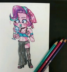 Size: 1064x1150 | Tagged: safe, artist:art-graphy14, starlight glimmer, equestria girls, mirror magic, spoiler:eqg specials, beanie, breasts, cleavage, clothes, dress, female, food, hat, ice cream, messy eating, solo, traditional art