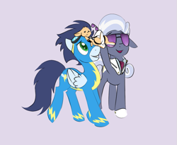 Size: 649x532 | Tagged: safe, artist:furseiseki, hoity toity, soarin', oc, oc:0r0ch1, earth pony, pegasus, pony, clothes, goggles, male, simple background, stallion, uniform, wonderbolts uniform