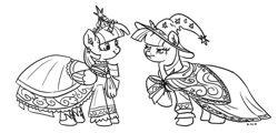 Size: 1280x615 | Tagged: source needed, useless source url, safe, artist:king-kakapo, derpibooru import, twilight sparkle, twilight sparkle (alicorn), alicorn, pony, unicorn, black and white, clothes, dress, ear fluff, earring, eye contact, female, frown, grayscale, lineart, looking at each other, mare, monochrome, raised hoof, self ponidox, smiling, standing, twiface, unamused