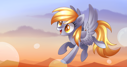 Size: 3199x1687 | Tagged: safe, artist:scarlet-spectrum, derpy hooves, pegasus, pony, cloud, colored pupils, cute, flying, open mouth, sky, smiling, solo