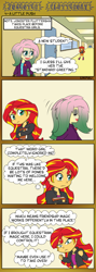Size: 450x1260 | Tagged: safe, artist:empyu, fluttershy, sunset shimmer, comic:jokester fluttershy, equestria girls, clothes, comic, cosplay, costume, female, makeup, smiling, the joker, thought bubble