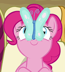Size: 434x480 | Tagged: safe, screencap, pinkie pie, butterfly, earth pony, pony, too many pinkie pies, animated, c:, cute, diapinkes, eyes on the prize, on back, smiling, solo